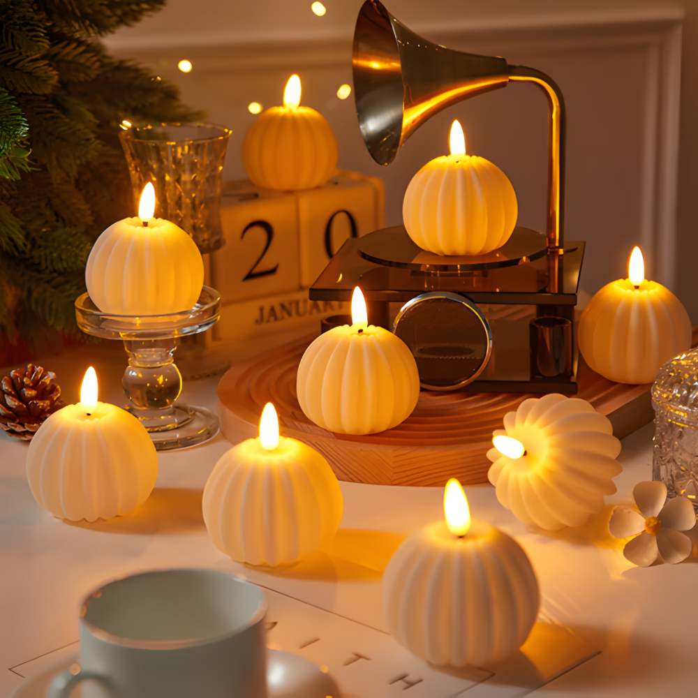 Decorative scene with lit candles, a vintage gramophone, and a Christmas tree.