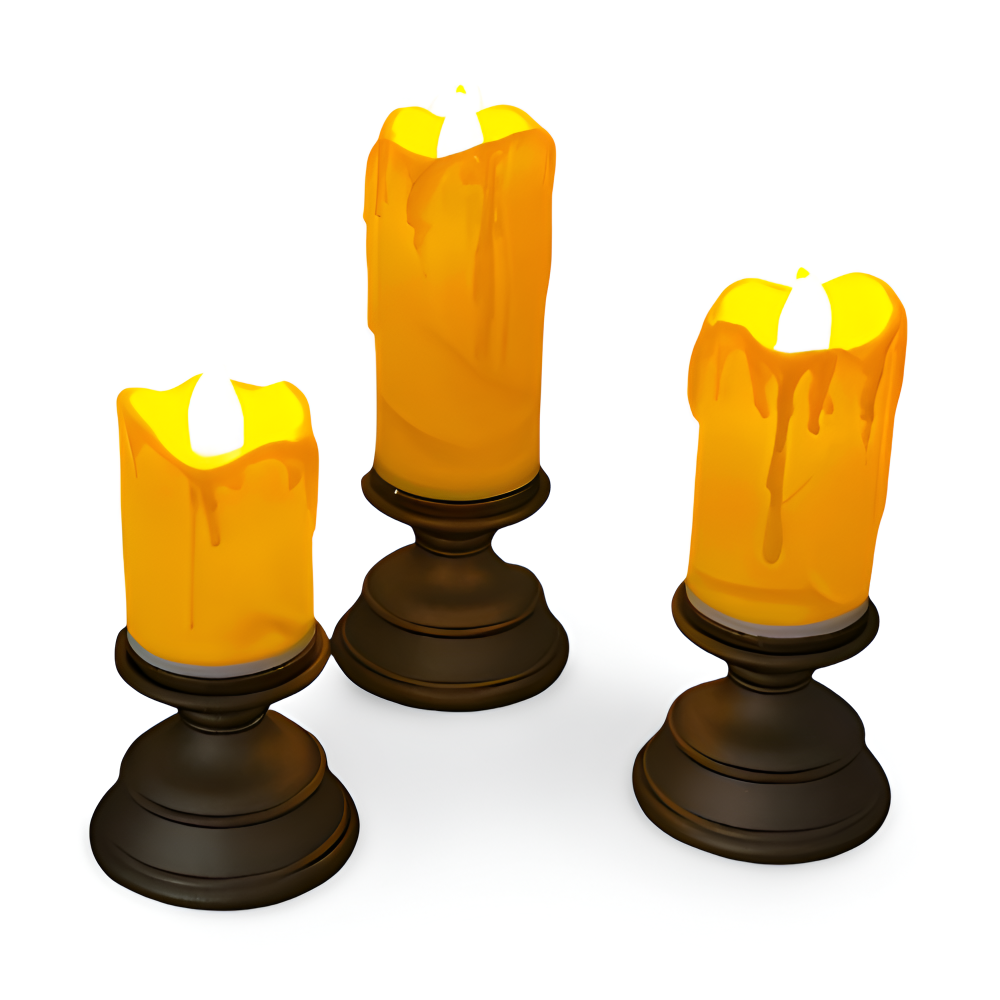 Three candle-like objects with orange wax and dark bases on a white background