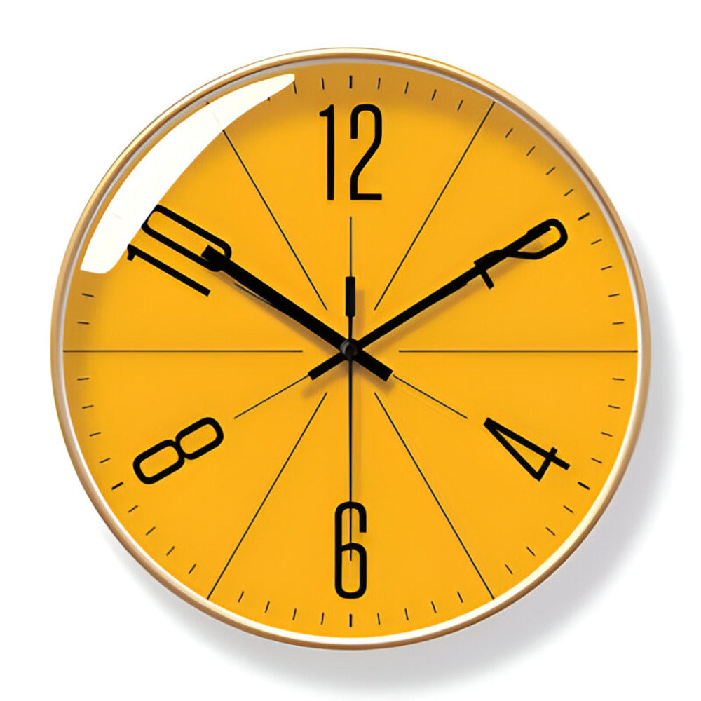 Yellow wall clock with black hands and numbers on a white background