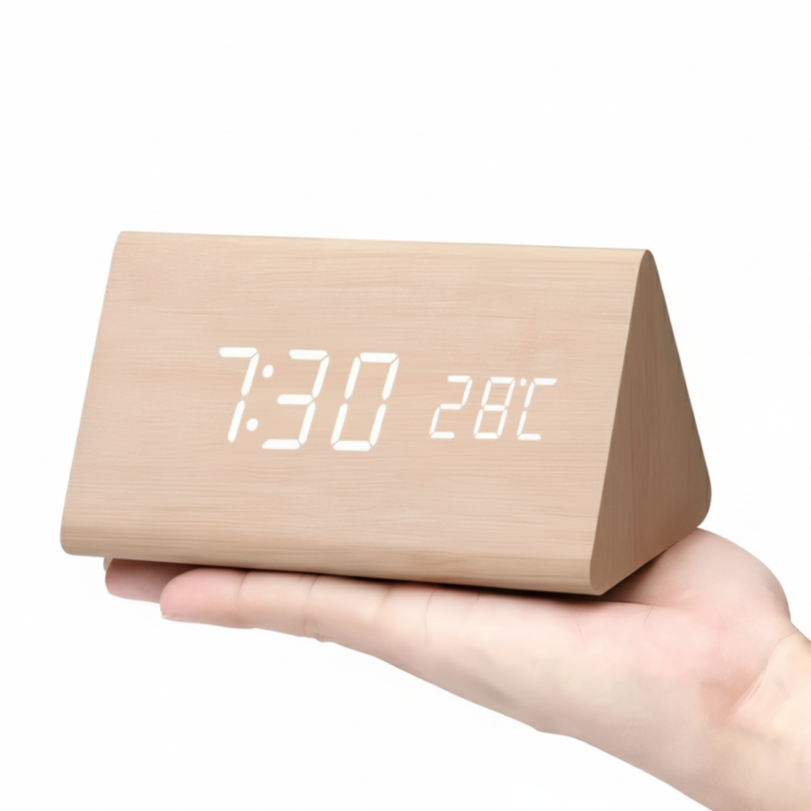 Wooden clock with digital display held in a hand on a white background