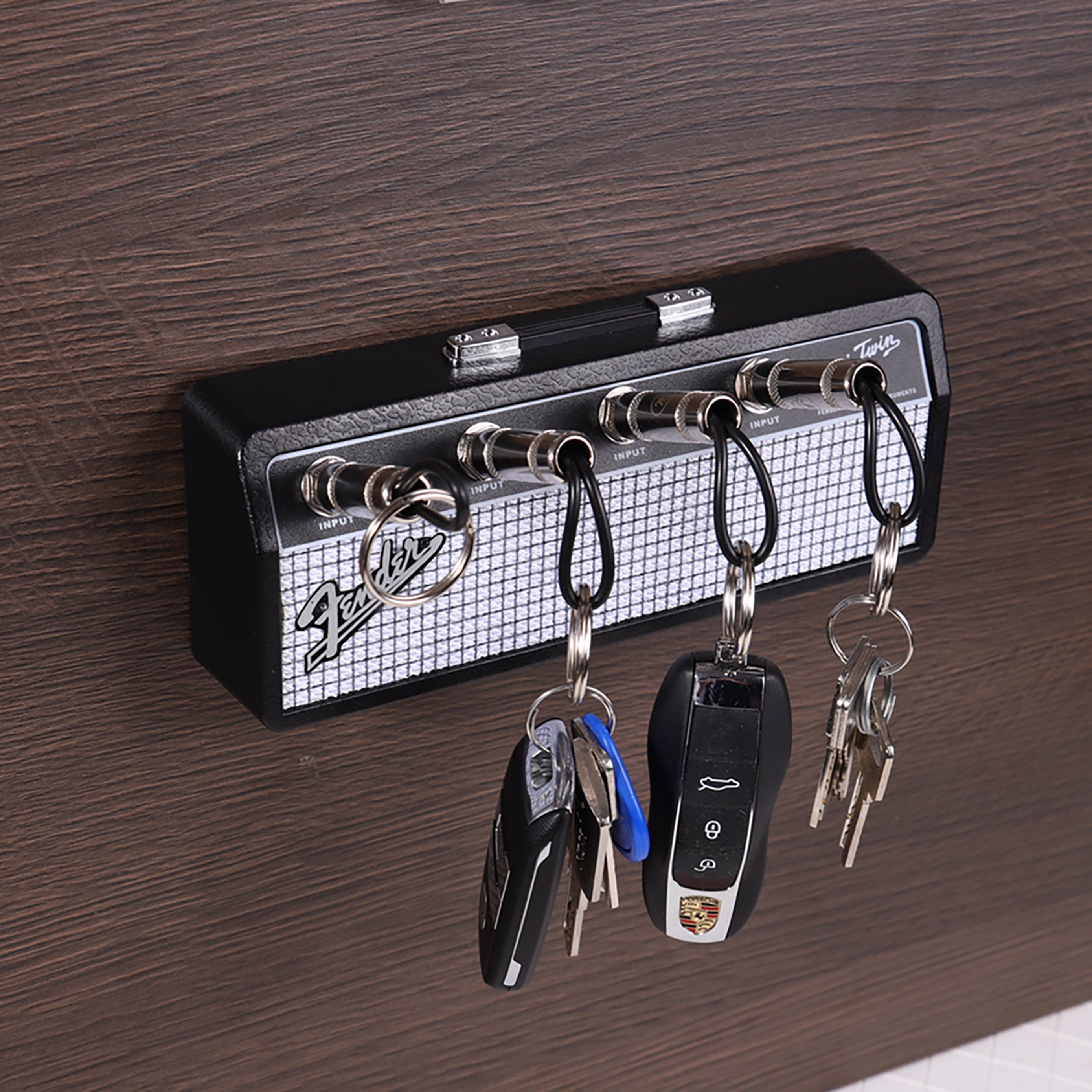 Musical Key Holder for Wall in Fender Amplifier Design with Guitar Plug Keychains – Unique Key Hooks for Music Lovers 1