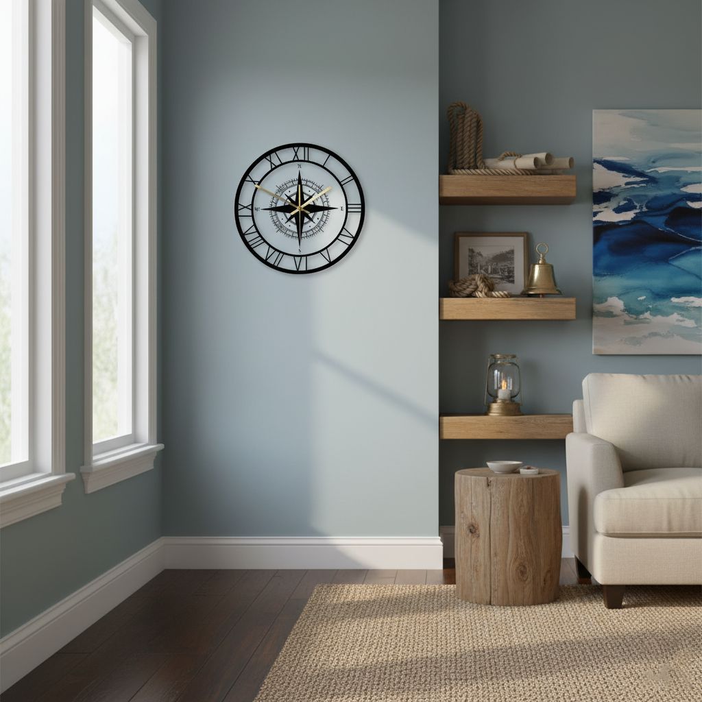 Nautical Compass Wall Clock – Elegant Maritime Decor with Silent Movement, 30cm Circular Design for Home or Office 0