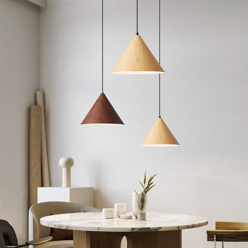 Nordic Cone Iron Pendant Light – Adjustable Height 1-Light Fixture for Living Room, Compact Design in Wood and Walnut 1