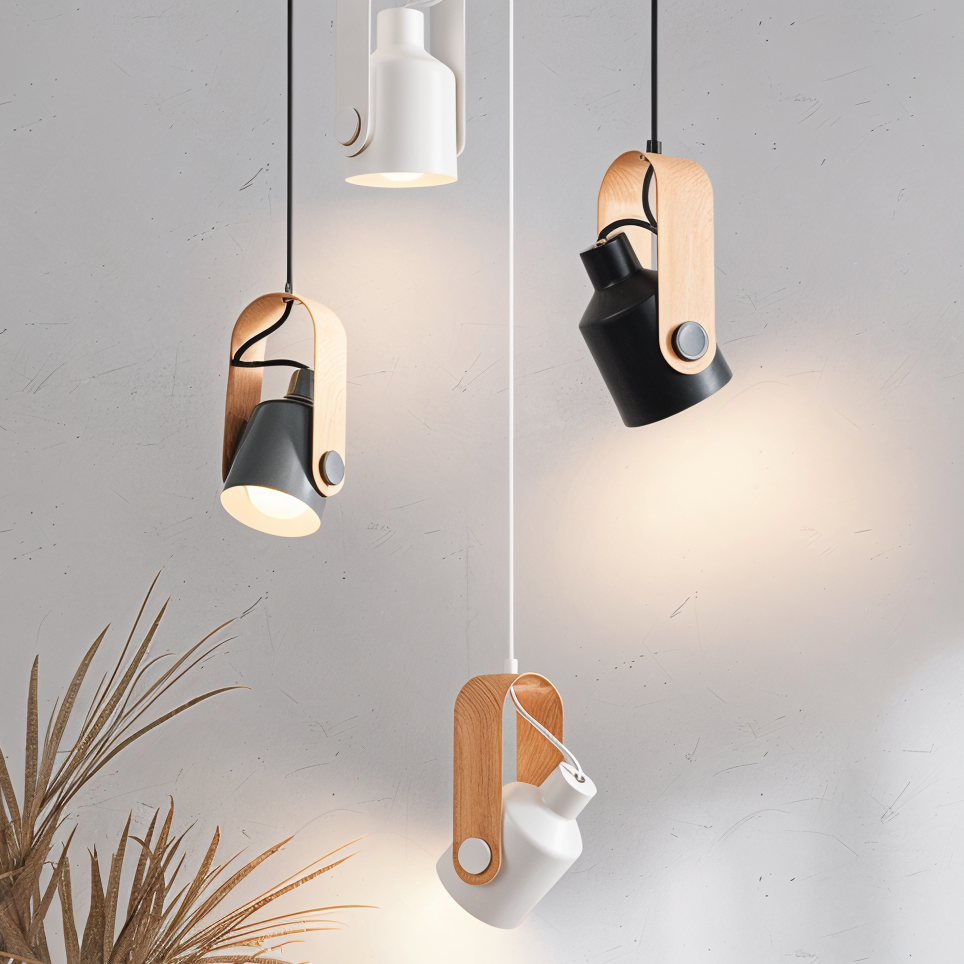 Modern pendant lights with wooden accents on a neutral background