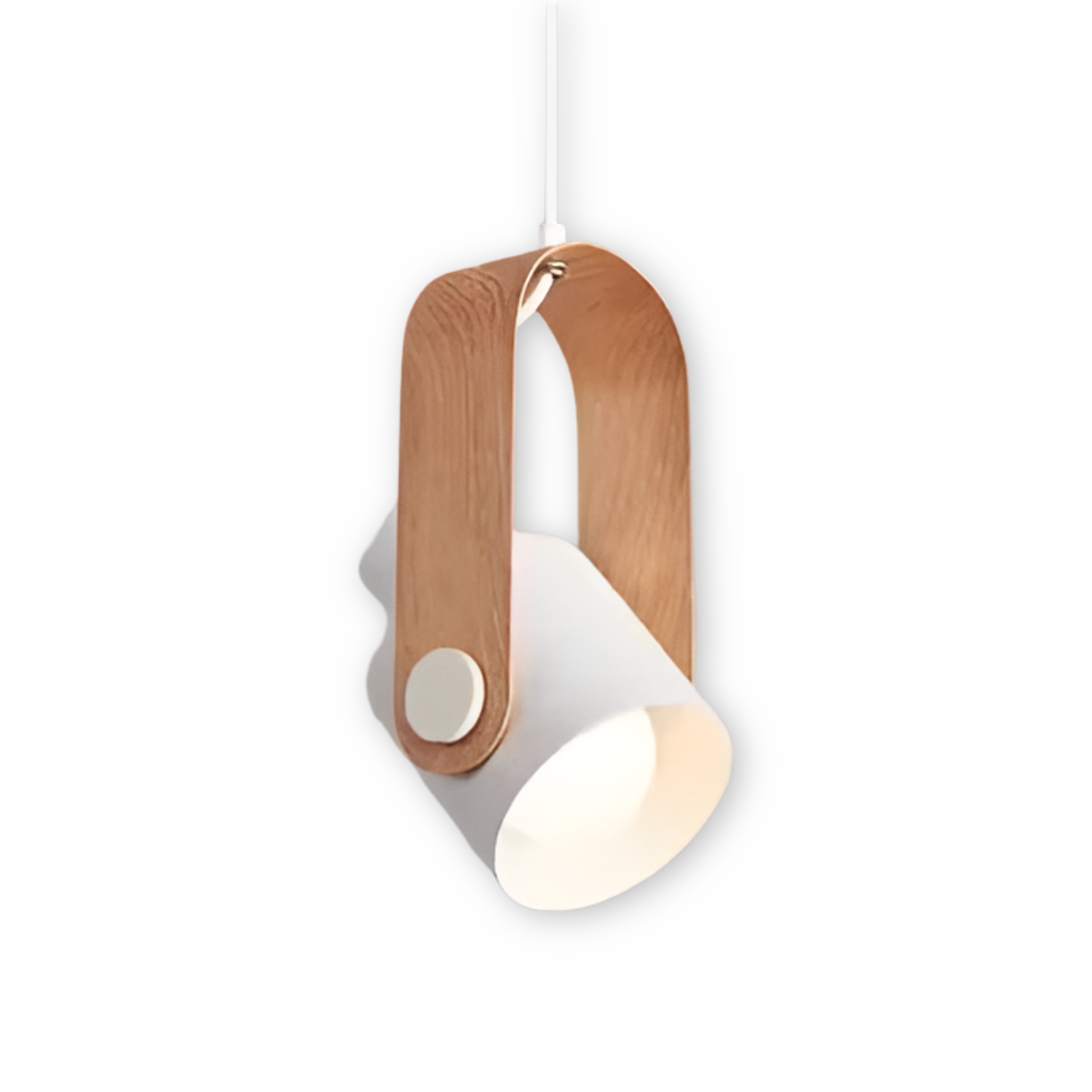 Modern pendant light with wooden fixture and white shade on a white background
