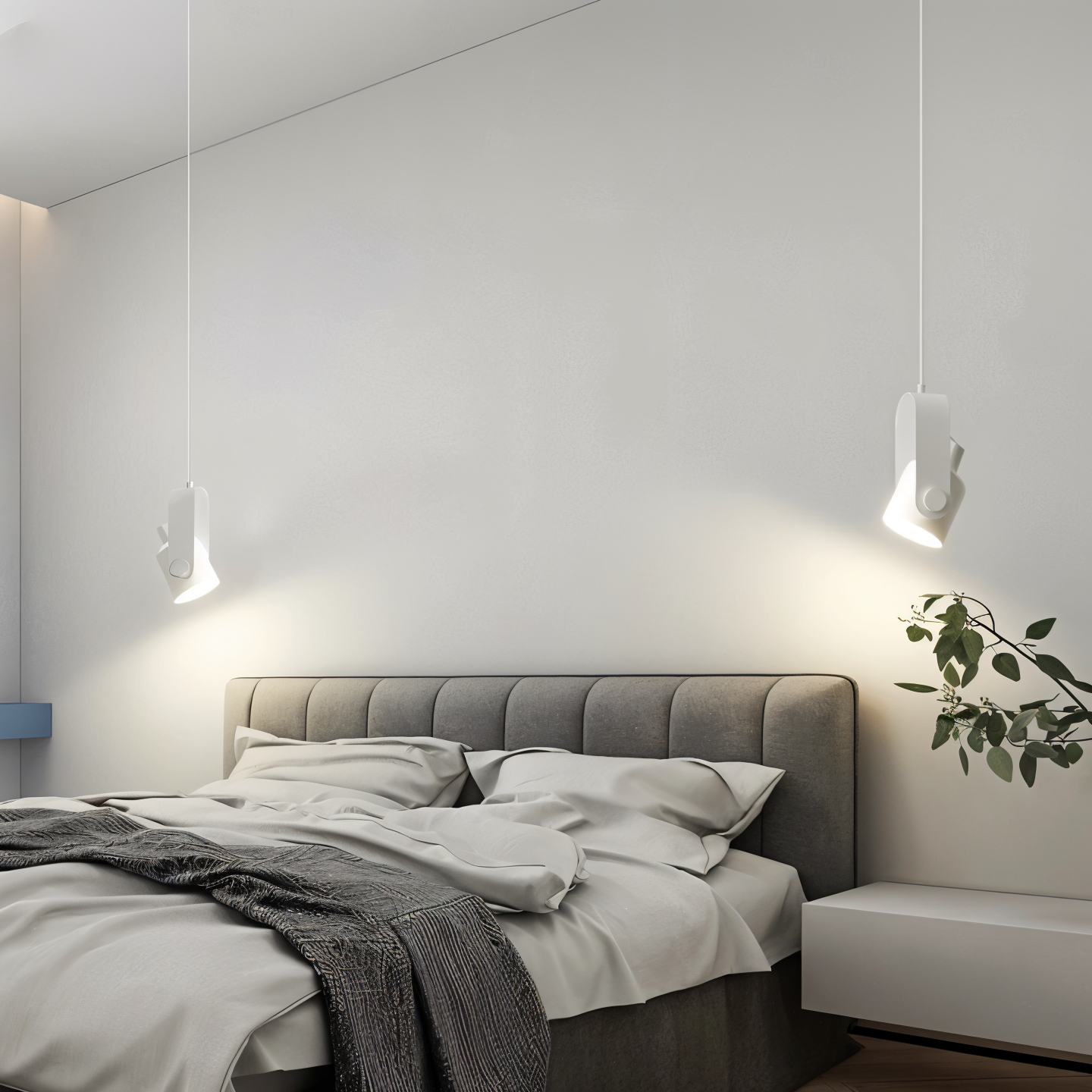 Modern bedroom with a bed, gray headboard, and pendant lights.