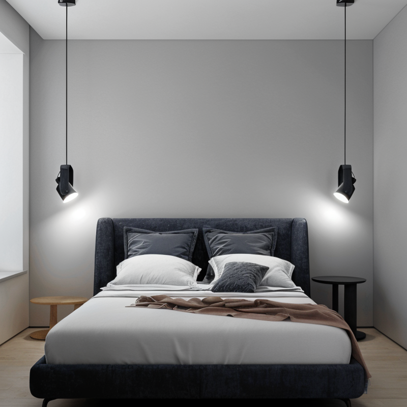 Modern bedroom with a bed, nightstands, and pendant lights.