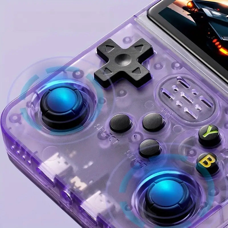 Transparent purple gaming controller with blue lights on a light gray background
