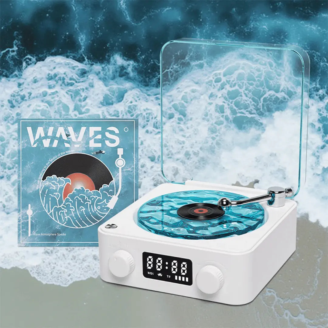 Record player with a vinyl record on a background of ocean waves and 'WAVES' design.