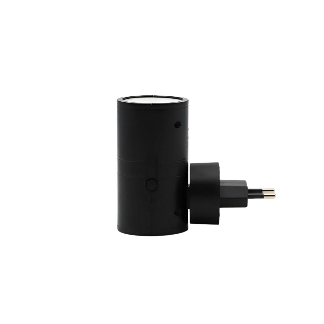 Black cylindrical electronic device with a plug on a white background
