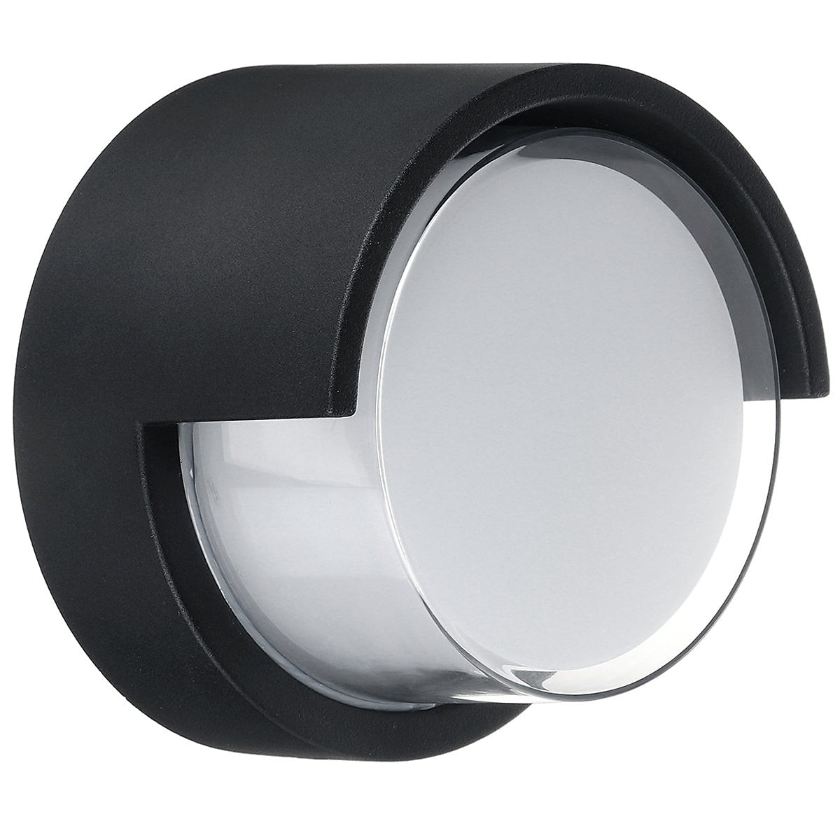 Black outdoor wall light fixture with clear glass cover on a white background