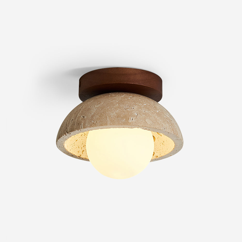 Ceiling light fixture with concrete-like shade and wooden top on a white background