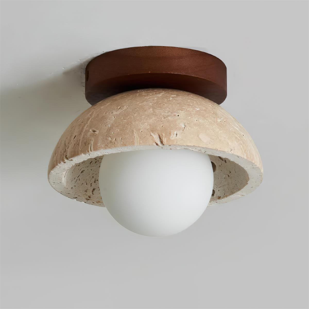 Ceiling light fixture with wooden top and concrete base on a plain background