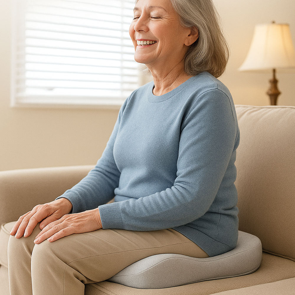 Woman sitting on a cushioned chair in a cozy living room.
