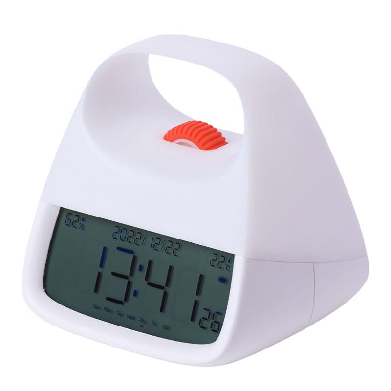 White digital clock with a red button on a white background