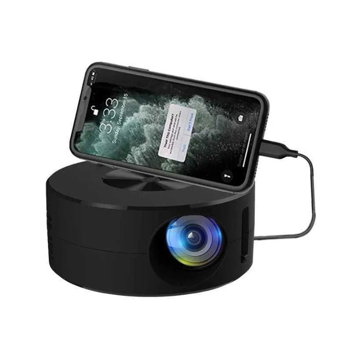Black phone projector with smartphone on a white background