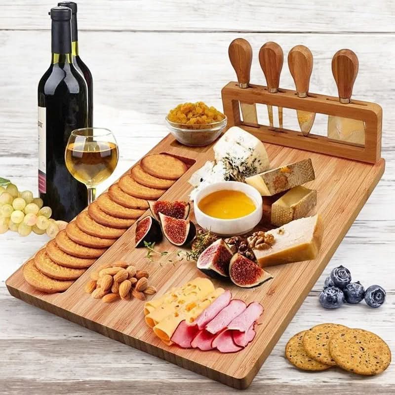 Premium Bamboo Cheese Board Set with Stainless Steel Knives – Elegant Charcuterie and Cheese Platter for Entertaining 0
