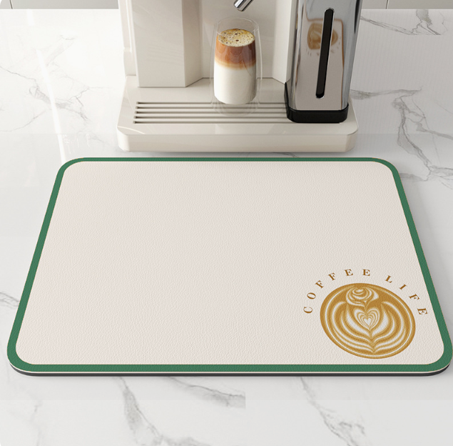 Coffee mat with 'Coffee Life' logo in front of a coffee machine on a marble surface