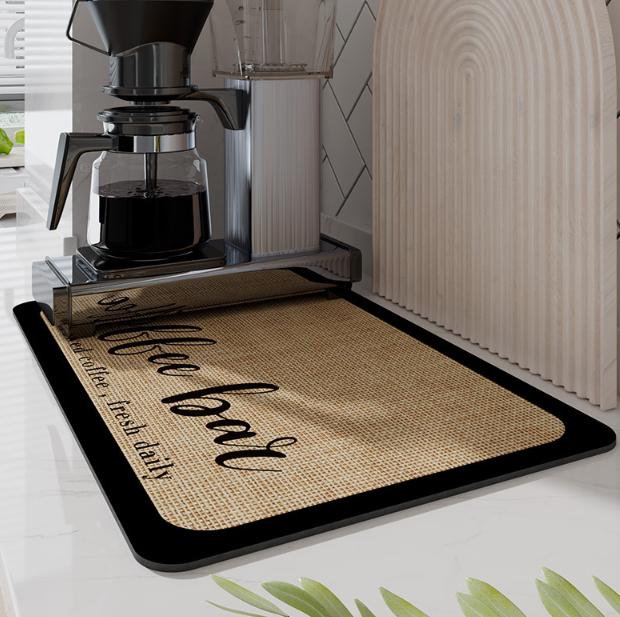 Doormat with 'Coffee Bar' text in a kitchen setting