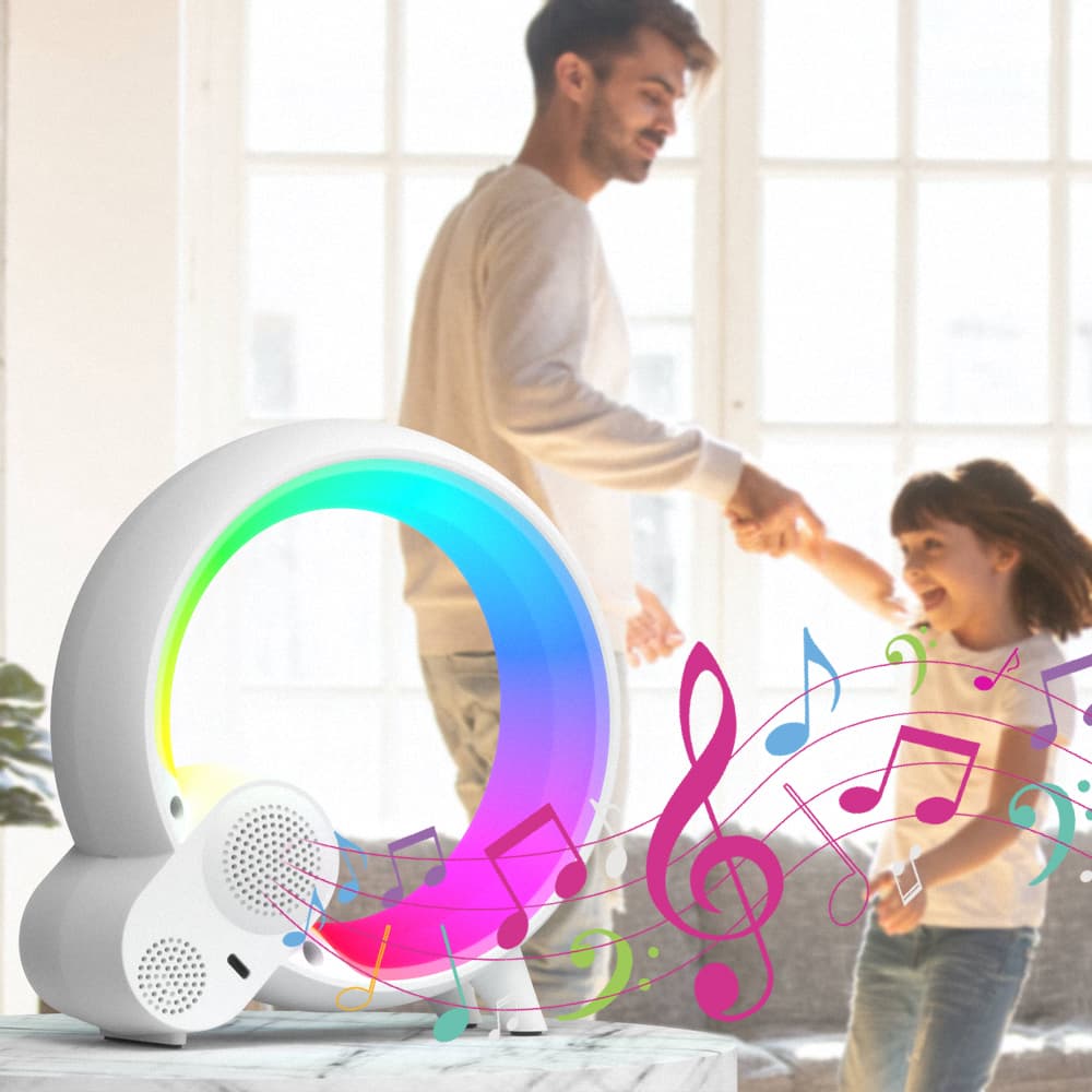 Man and child with a colorful circular device featuring musical notes, indicating it's a music player.