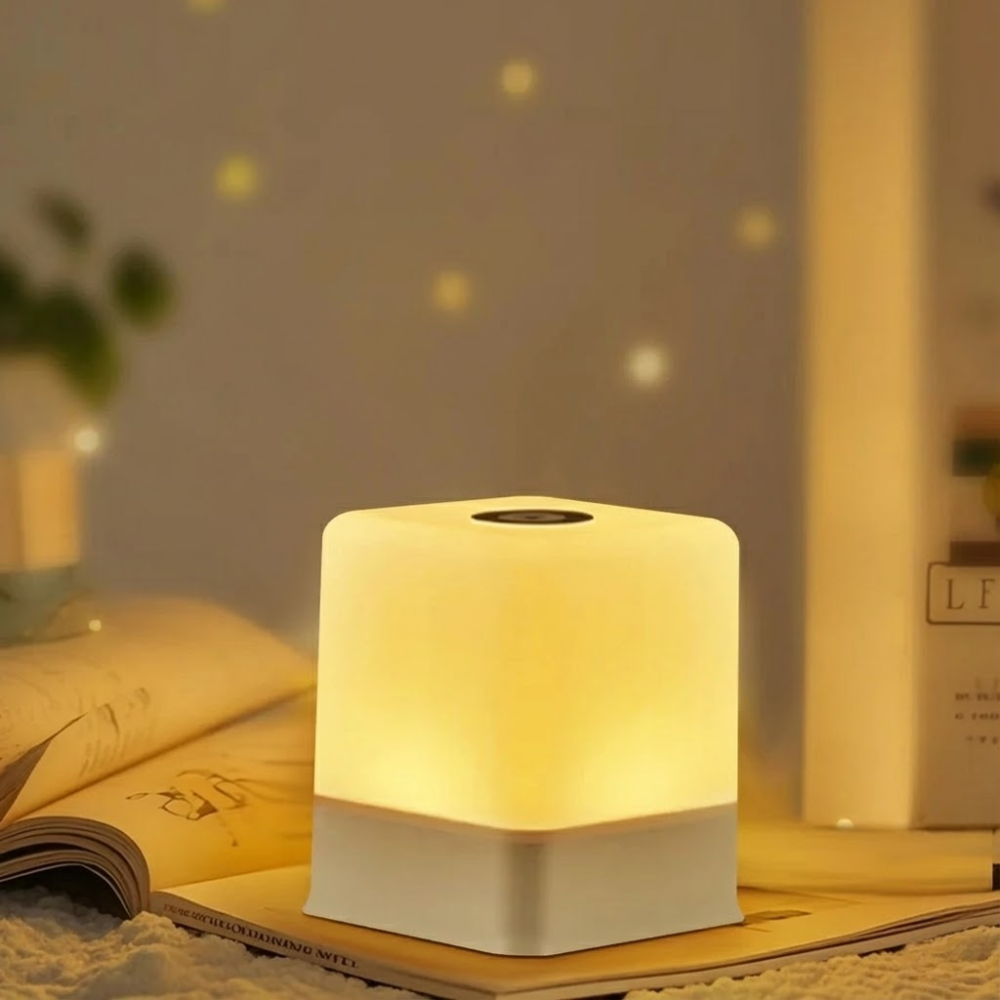 Square night light emitting a warm glow on a surface with a blurred background