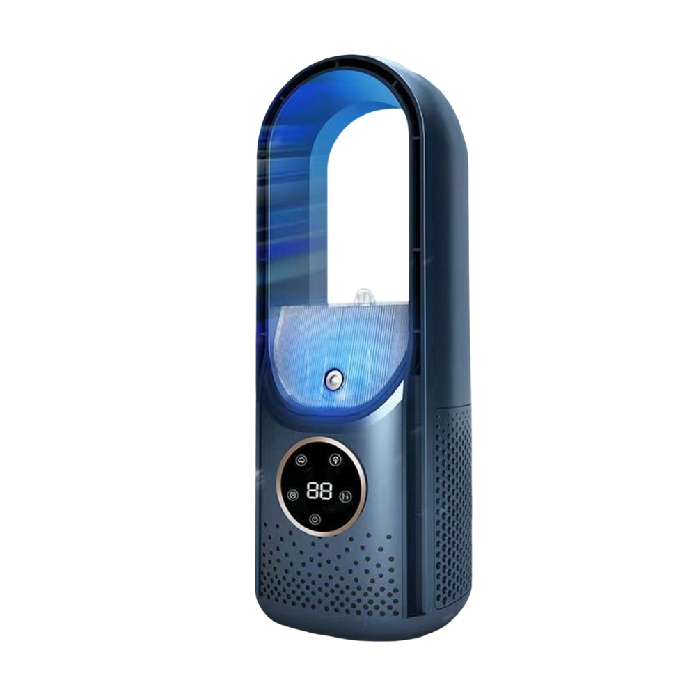 Blue humidifier with digital display on a white background