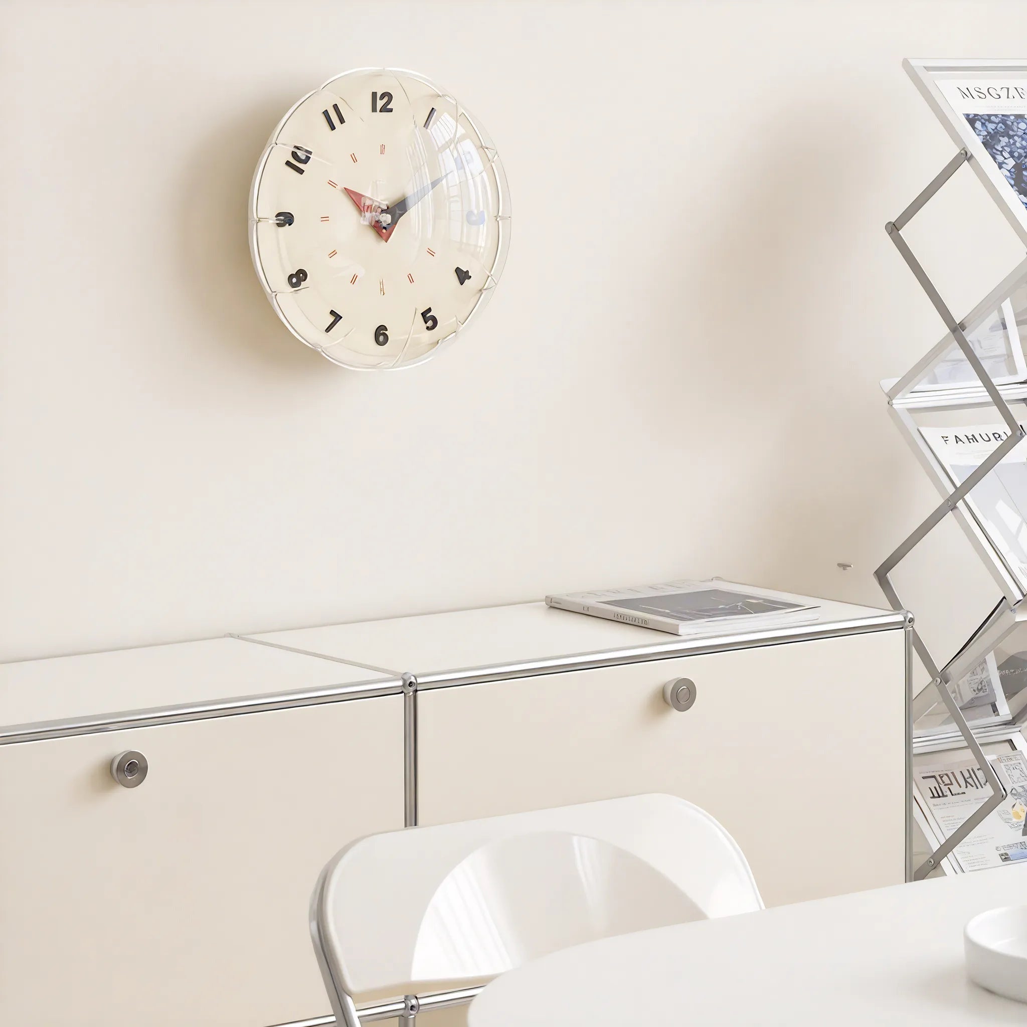 Wall clock on a white wall with a modern interior setting