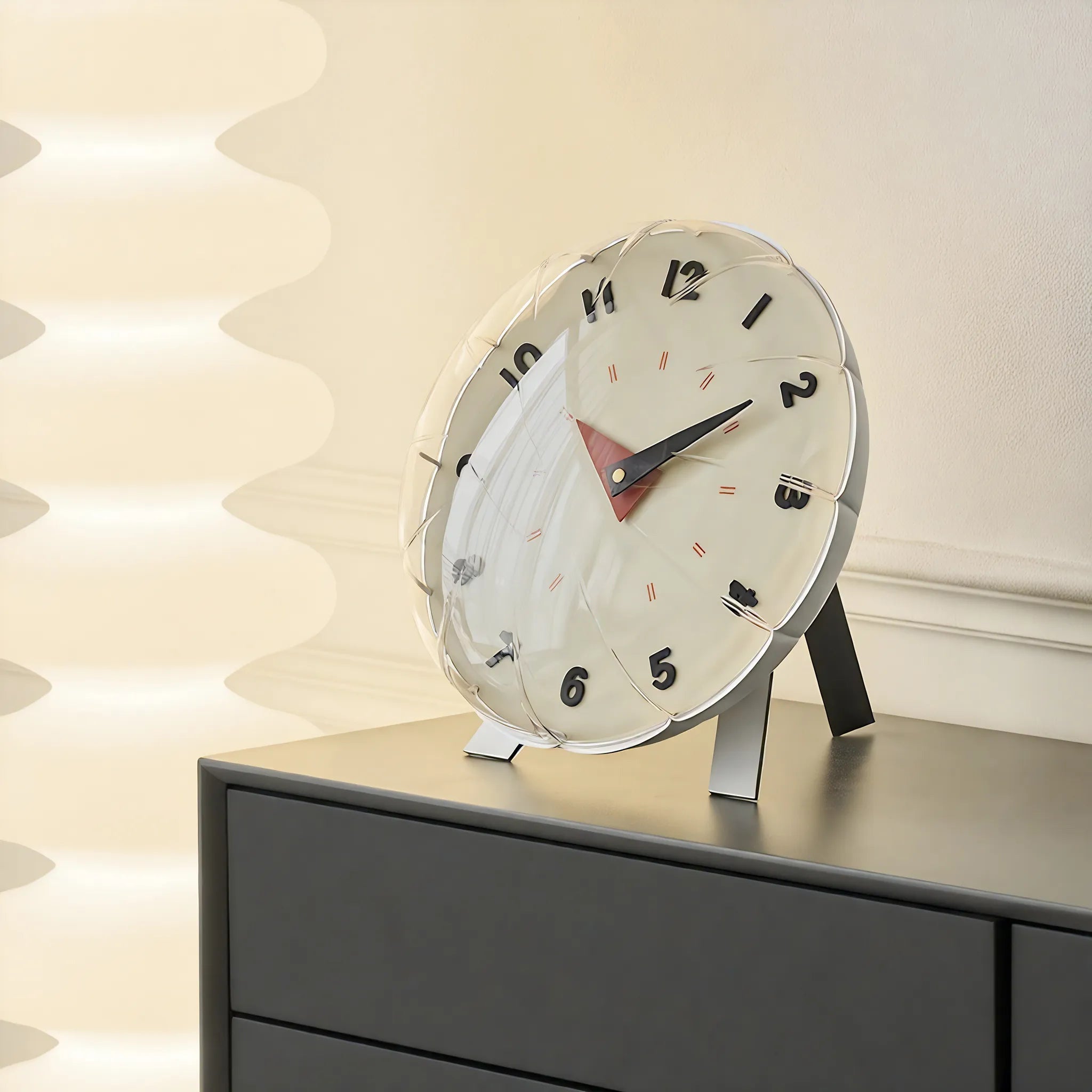 Decorative clock on a surface with a soft background