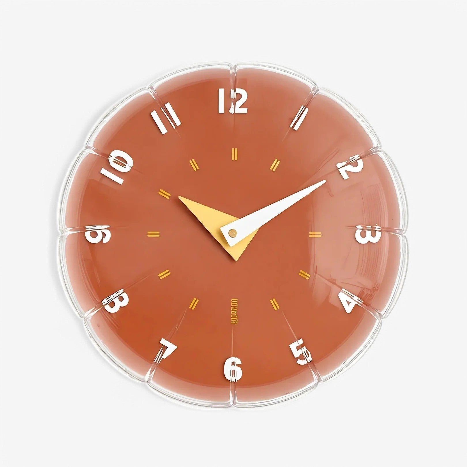 Round wall clock with a brown face and clear border on a white background
