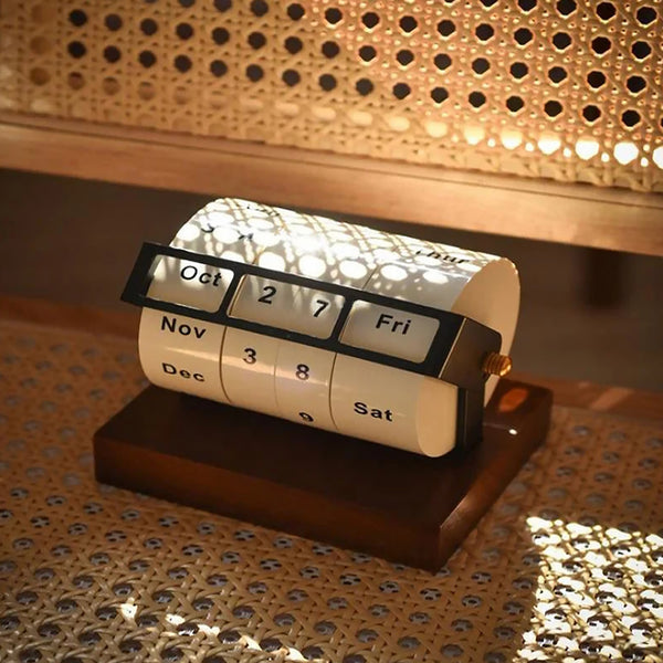 Perpetual calendar on a wooden base with a textured background