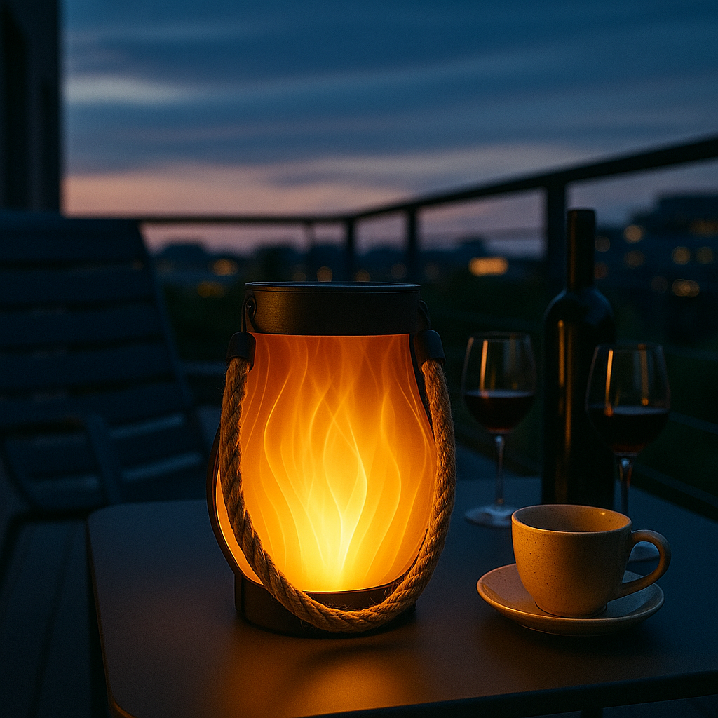 Lantern with warm glow on a table with wine glasses and a cup, evening setting