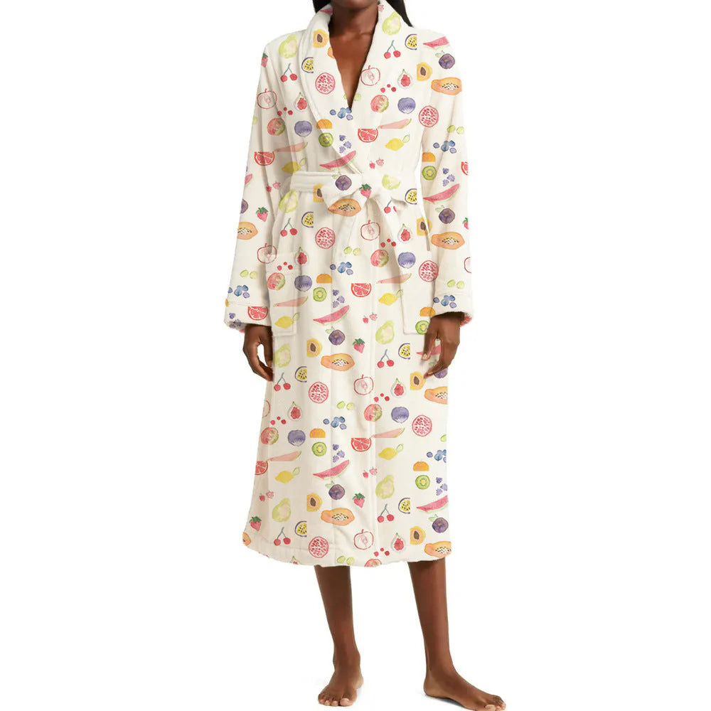 Woman wearing a patterned robe on a white background