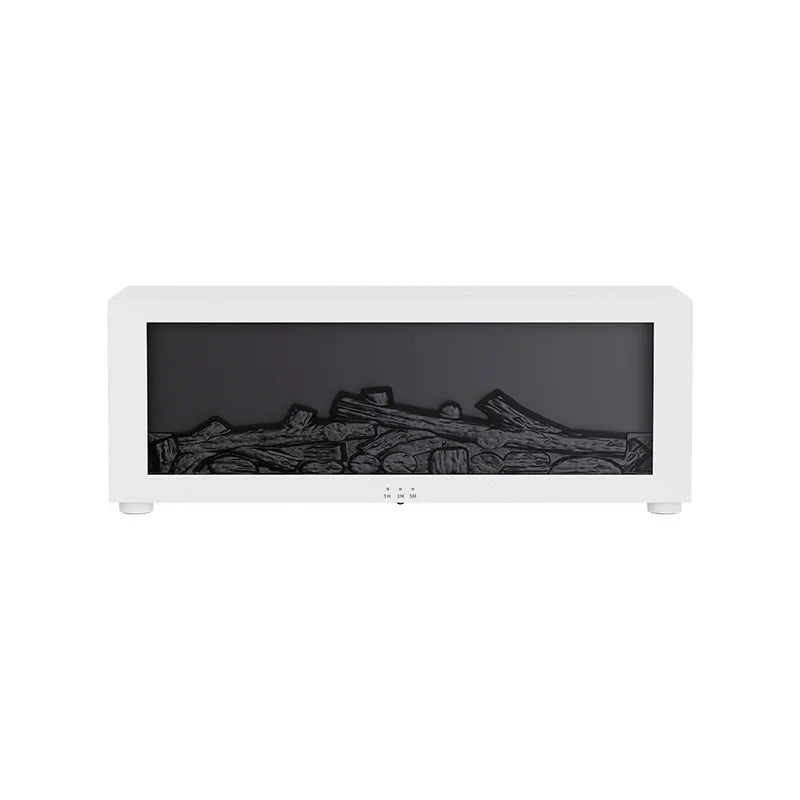 White electric fireplace insert with black logs on a white background