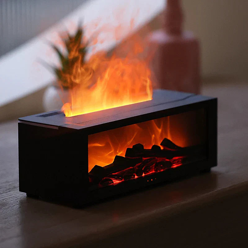 Modern electric fireplace insert with flames on a wooden surface