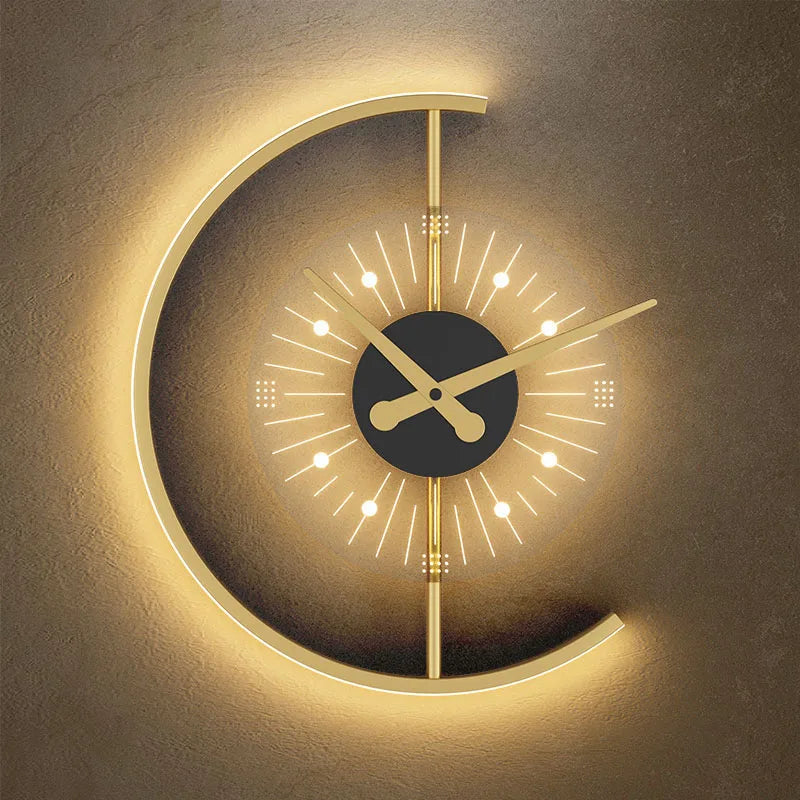 Decorative wall clock with a crescent moon design on a textured wall.