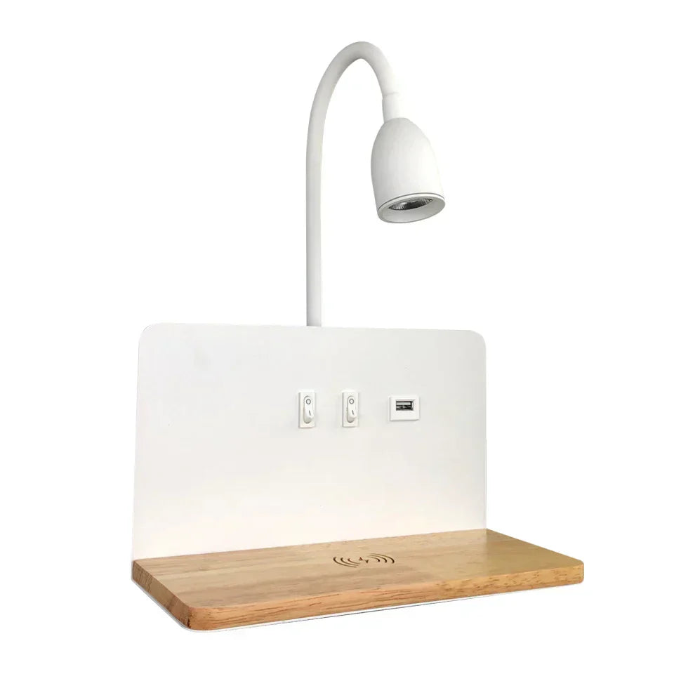 Wall-mounted desk with a wooden shelf and a white lamp on a white background