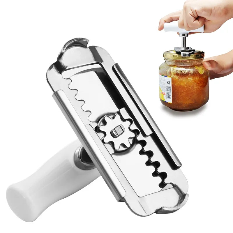 Manual can opener with a white handle and silver blade, used to open a jar of honey.