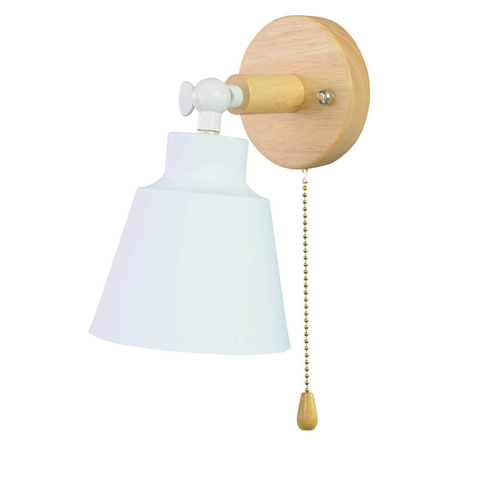 Wall-mounted light fixture with wooden arm and white shade on a white background