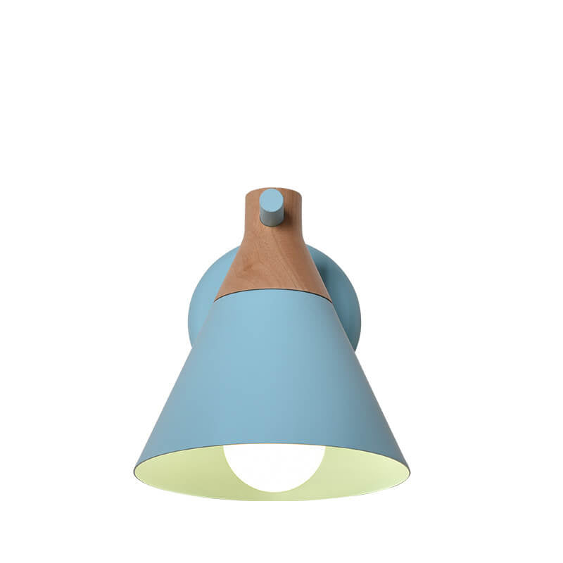 Light blue wall lamp with wooden accent on a white background