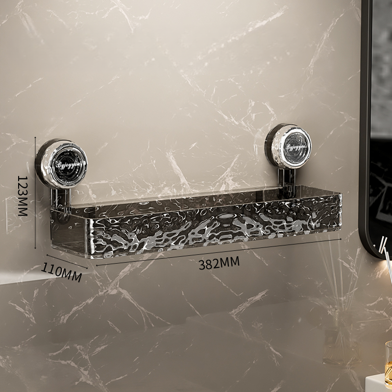 Wall-mounted decorative shelf with measurements on a marble wall