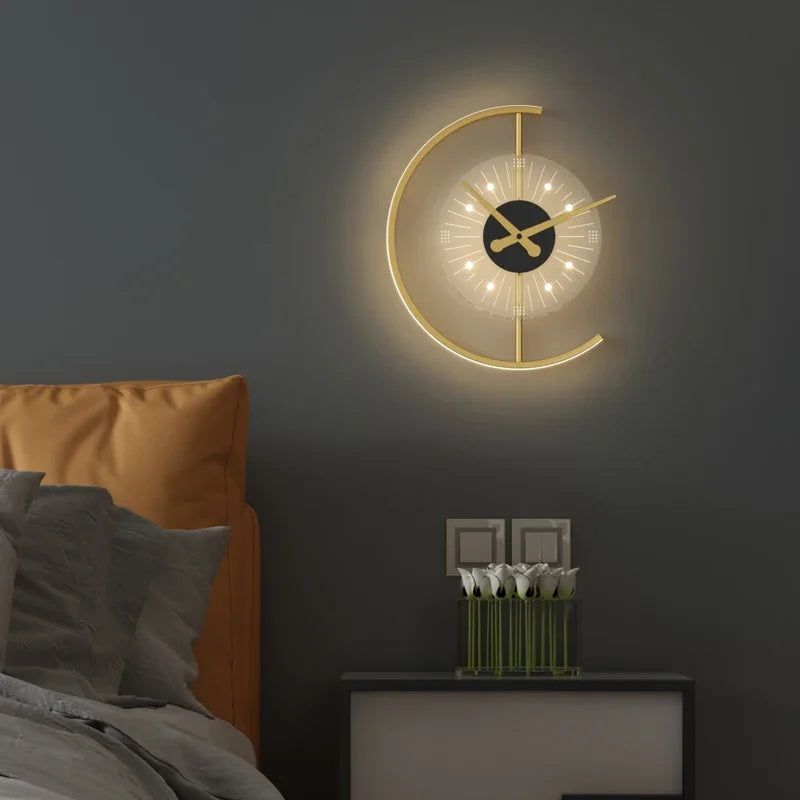 Decorative wall clock with moon design on a dark wall in a bedroom setting.