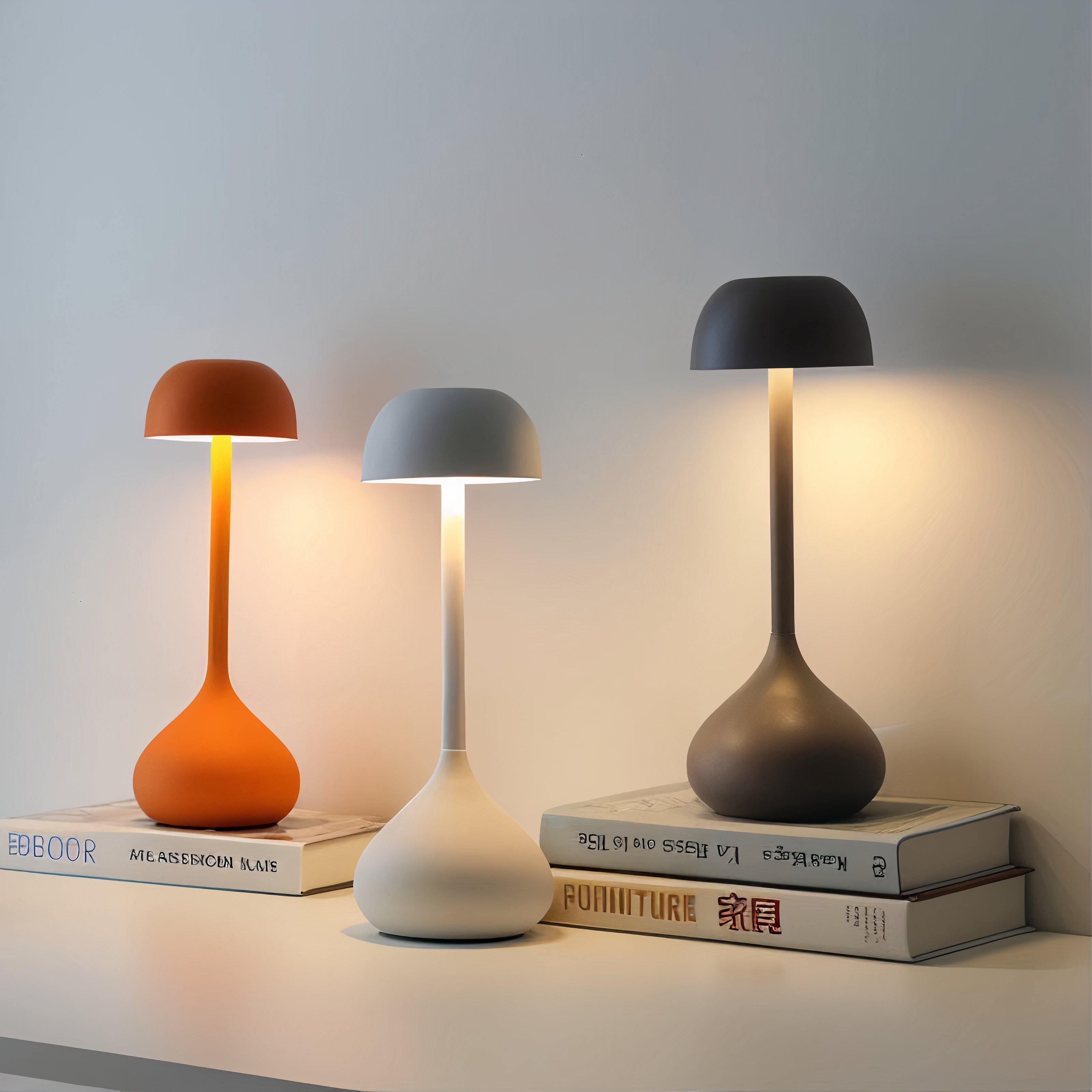 Three colorful table lamps on books against a plain background