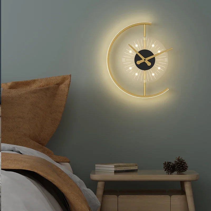 Decorative wall clock with moon design on a wall in a bedroom setting.