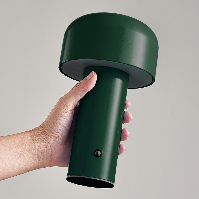 Hand holding a green outdoor lamp against a gray background