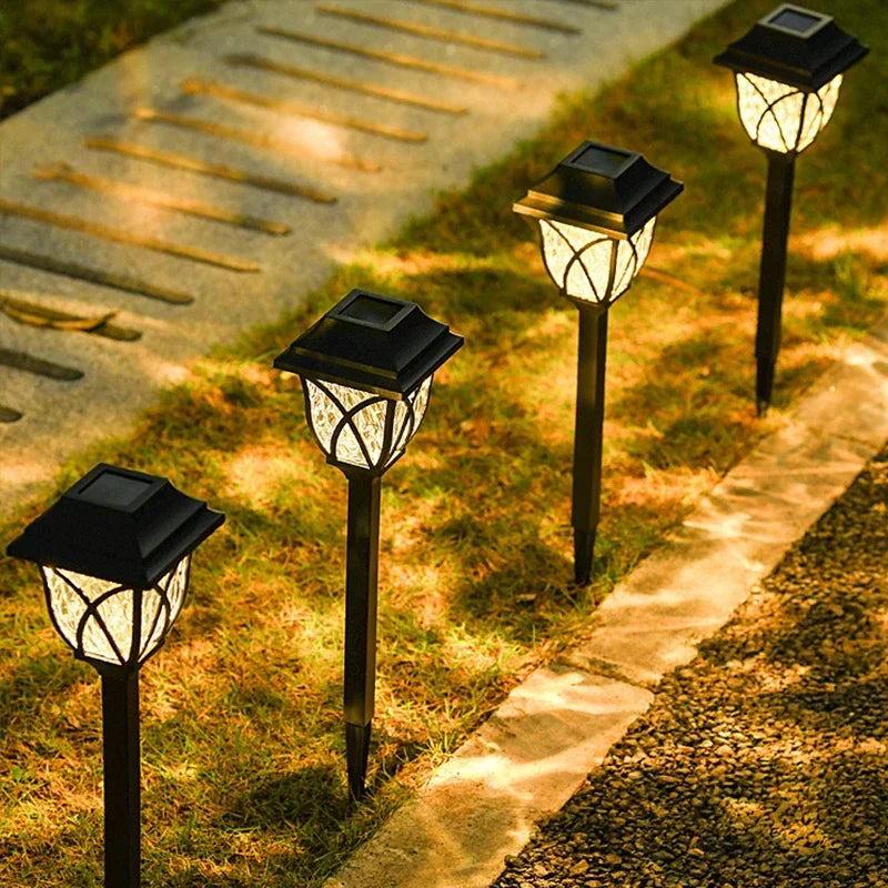 Solar-powered garden lights illuminating a pathway