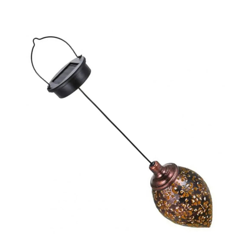 Solar-powered hanging lantern with decorative glass and metal accents on a white background