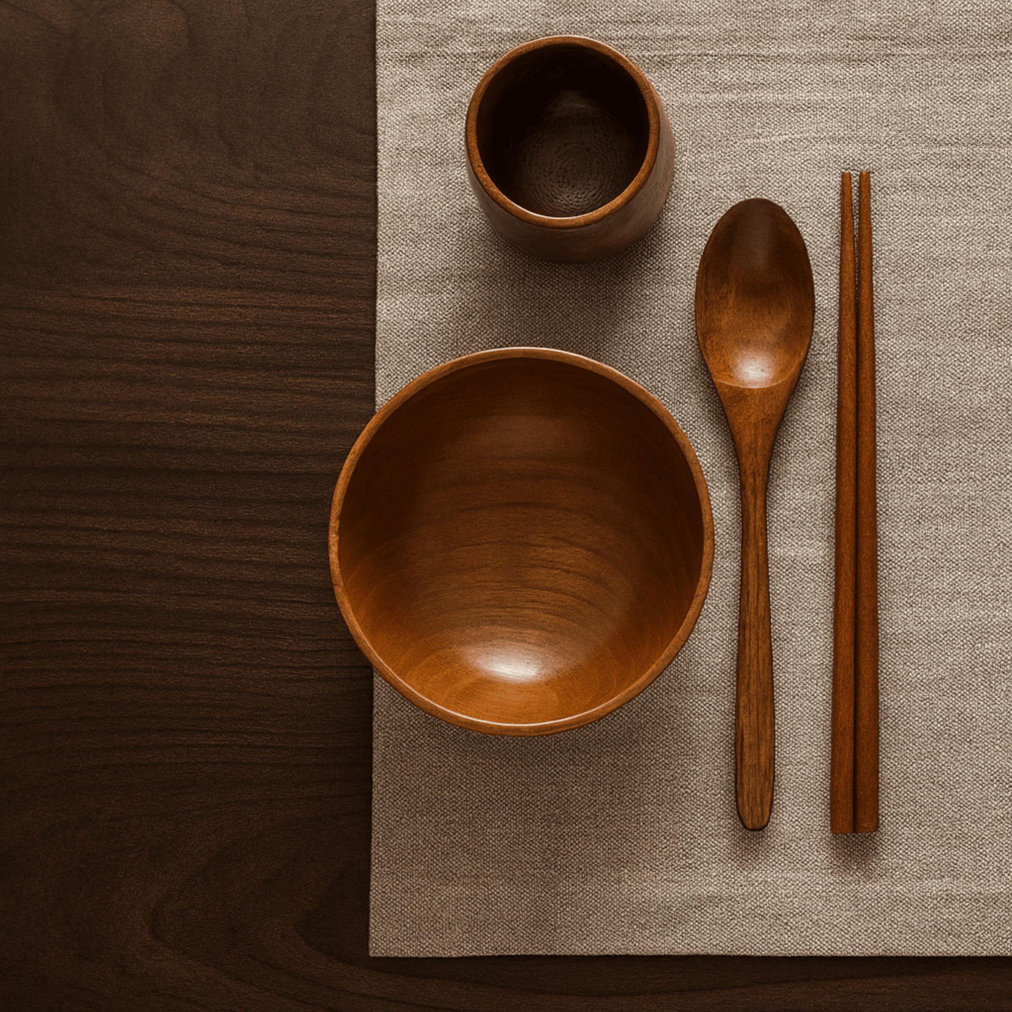 Solid Jujube Wood Dinnerware Set – Japanese-Inspired Tableware with Bowl, Cup, Tray, Spoon, and Chopsticks 0