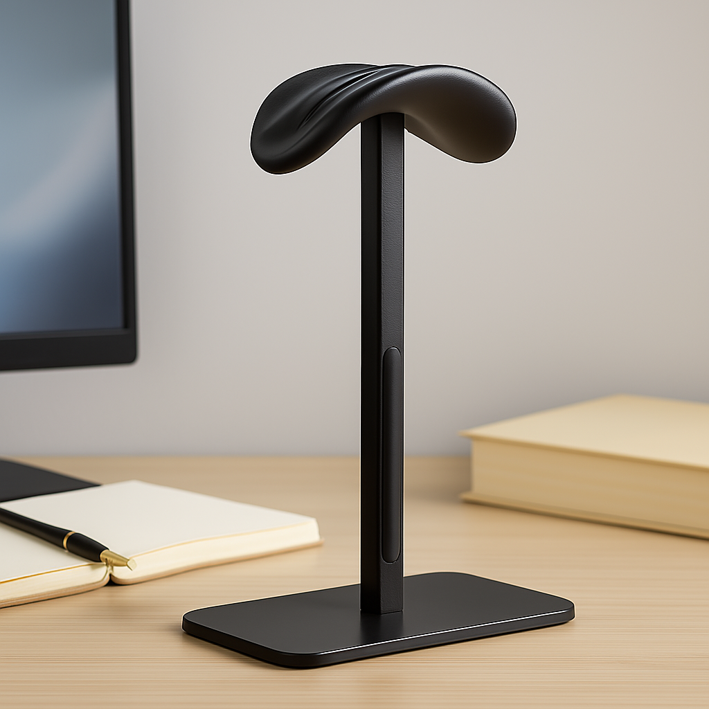 Black phone stand on a desk with a monitor and notebook in the background