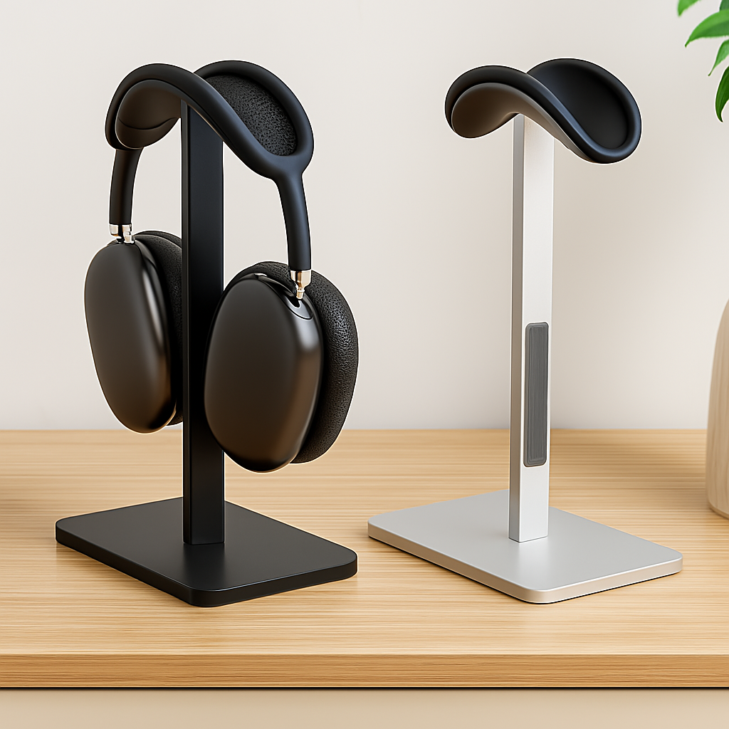 Black headphones on a black stand and gray headphones on a white stand on a wooden surface.