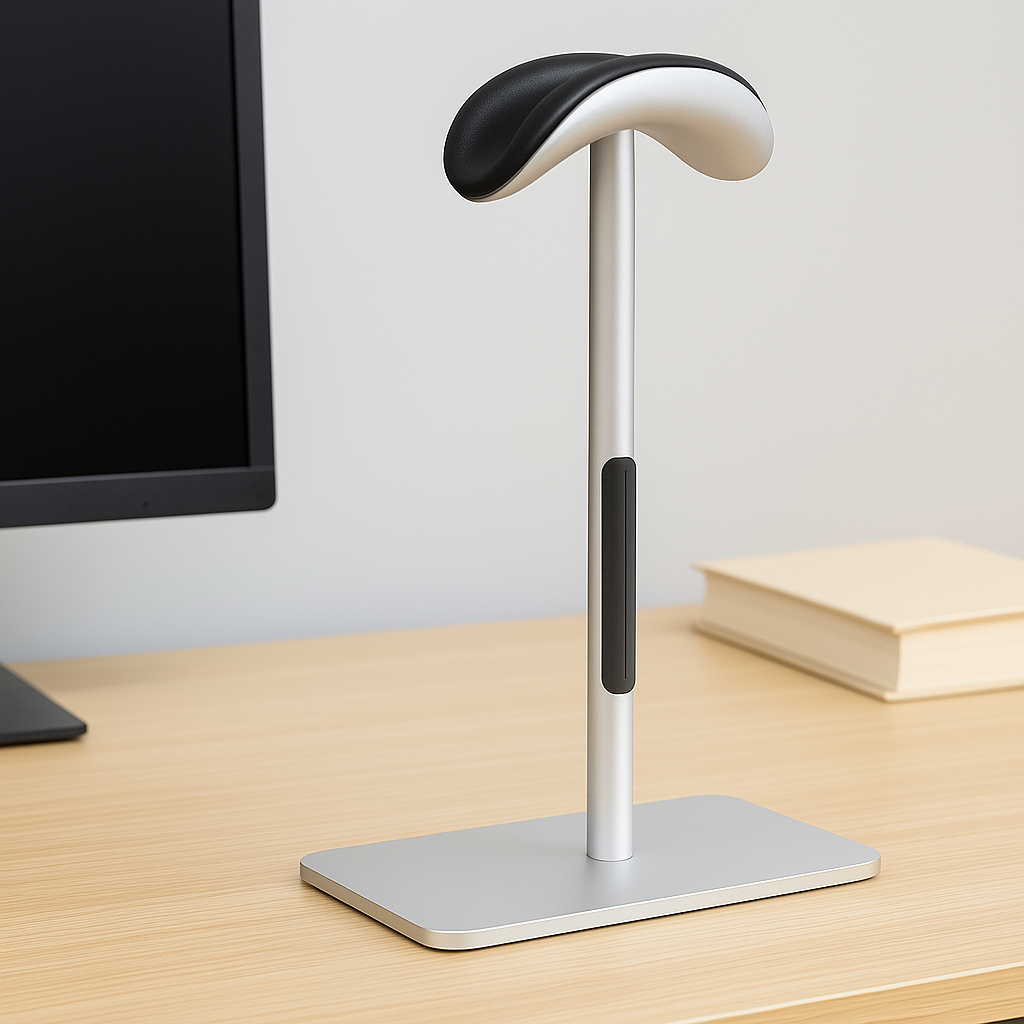 Modern desk lamp with black and silver design on a wooden surface.